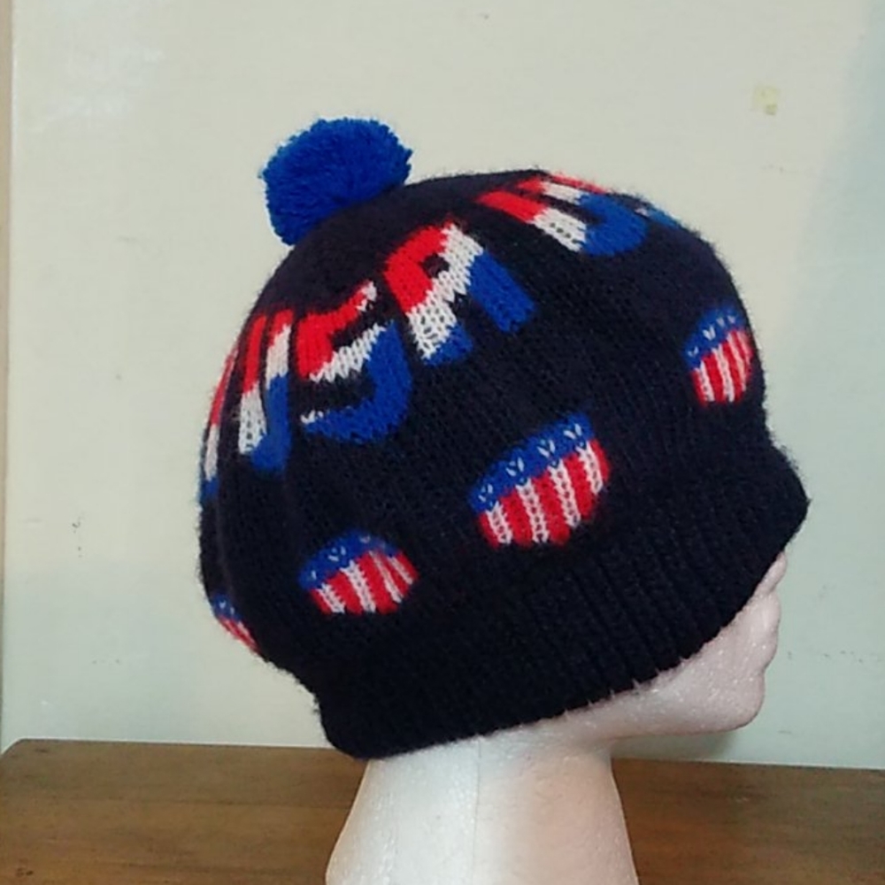 Usa pom pom knit hat vintage winter hat patriot